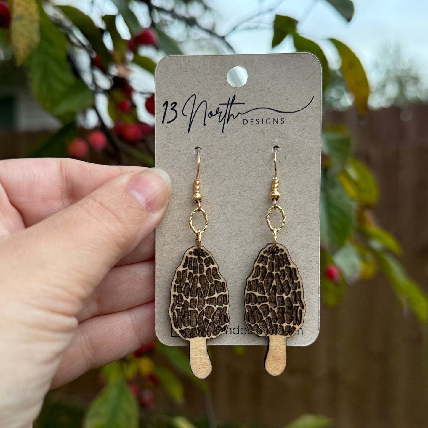 Morel Mushroom Wood Earrings