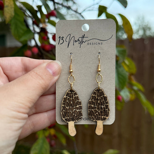 Morel Mushroom Wood Earrings