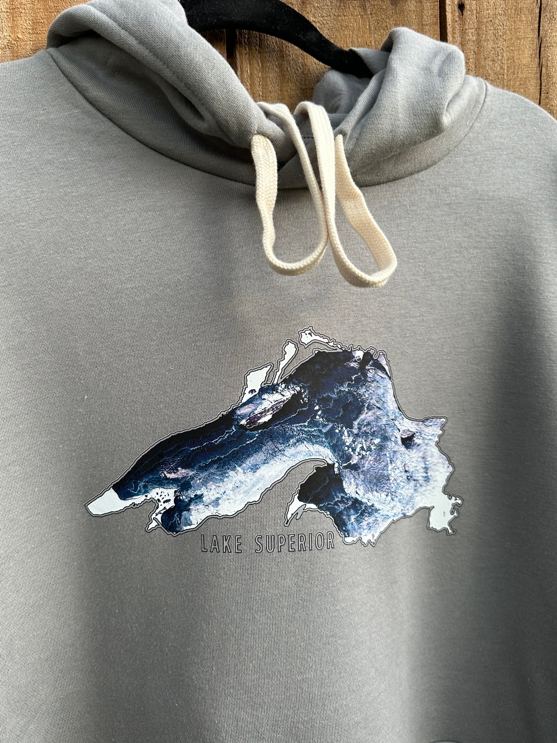 Gray Lake Superior Hoodie with white strings 