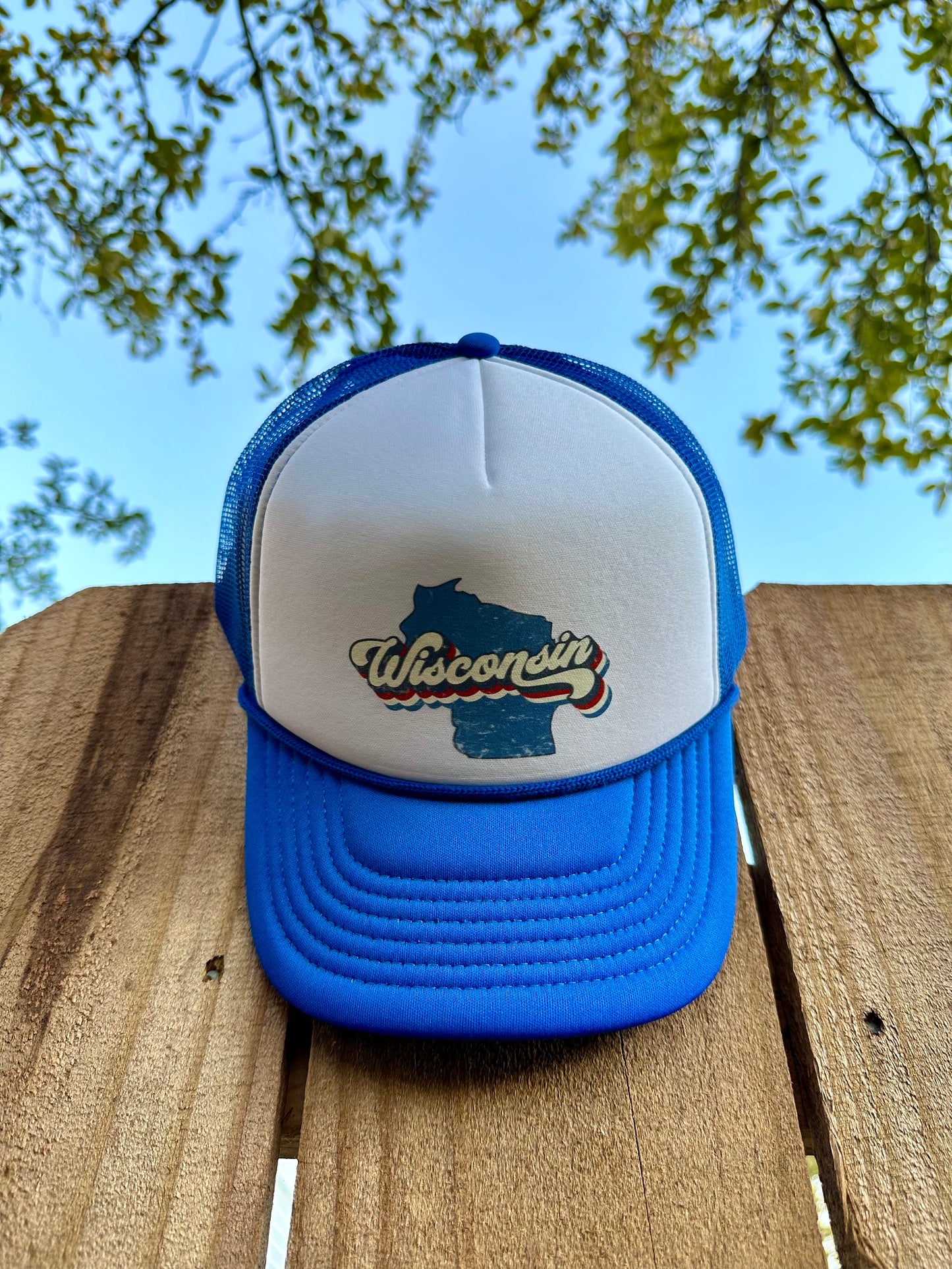 Blue and white foam Wisconsin trucker hat