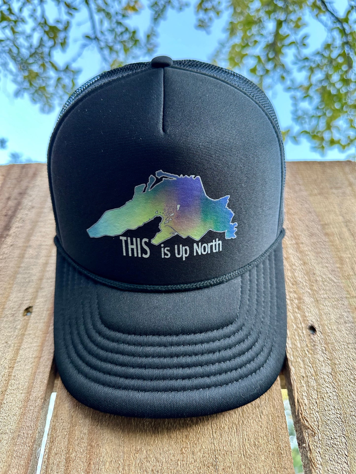 This is Up North Foam Trucker Hat Lake Superior with northern lights